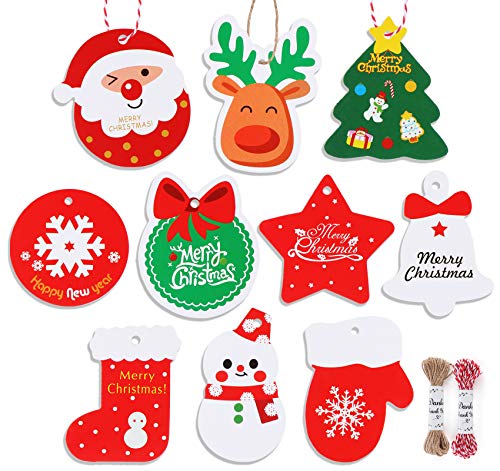 Adorfine Lot de 50 étiquettes de cadeau de Noël multicolores avec ficelle de jute 20 m pour mariage, fête, anniversaire, Noël, décoration DIY Cover