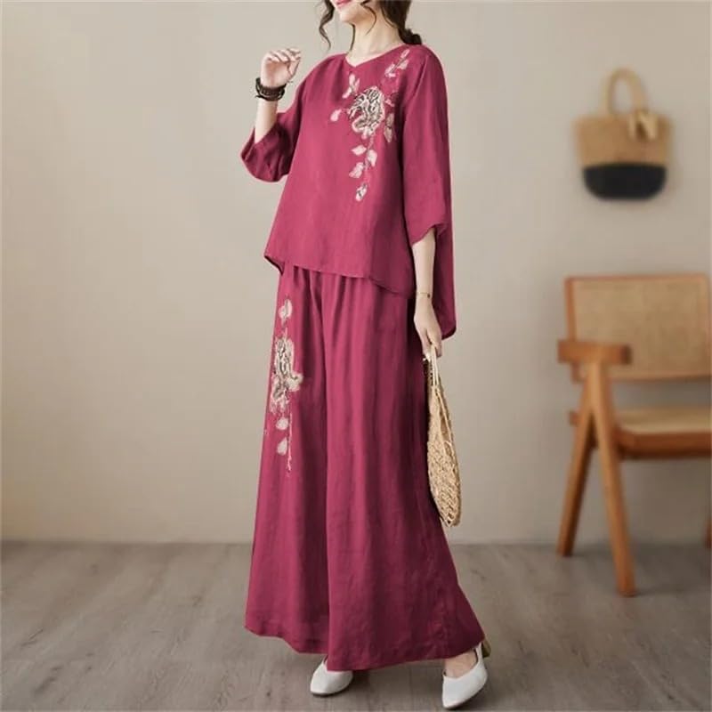 Women Linen Embroidered Pullover Two Piece Set Wide Leg Pants Casual Outfit
