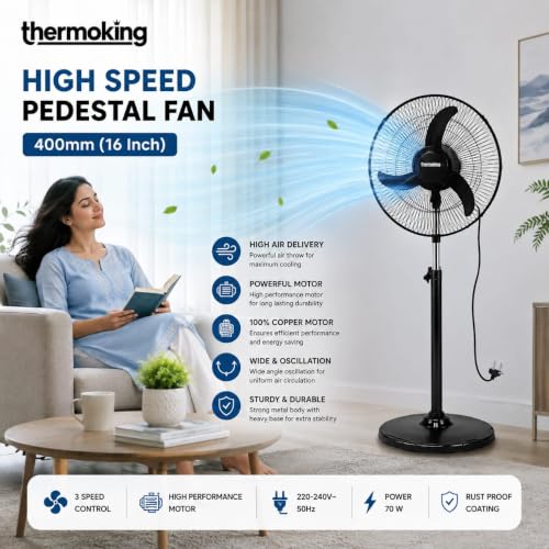 Image of Thermoking Bullet 400mm High Speed Pedestal Fan | 2200 RPM Powerful Air Delivery | Adjustable Height | Heavy Duty Stand Fan | 3 Speed Control | Home, Office, Shop & Industrial Use
