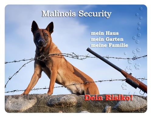 Merchandise for Fans Warnschild - Schild aus Aluminium - Motiv: Malinois/Belgischer Schäferhund Security (03) - Größe: 30x20cm