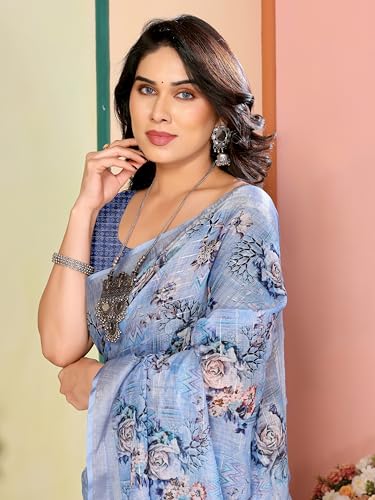 Image of Sidhidata Women's Cotton Linen Blend Lining Digital Printed Saree With Unstitched Blouse Piece (Linen Lining Saree)
