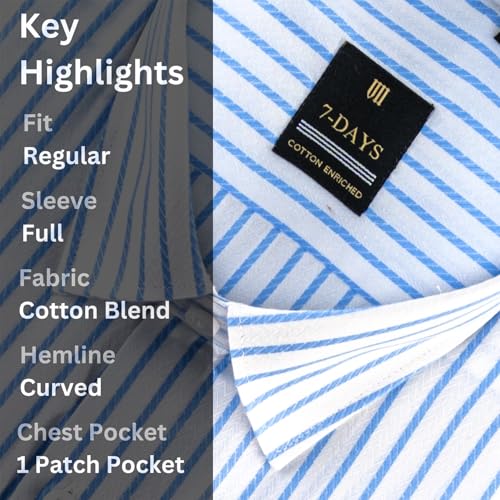 Image of 7-DAYS Men's Premium Striped Formal Shirt - Cotton Rich, Regular Fit, Full Sleeve, with Pocket, Wrinkle Resistant - Stylish Office & Everyday Wear.