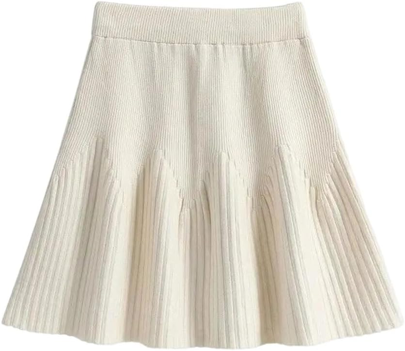 Women Knitting Pleated Skirts Solid Elastic Waist Mini Sweater Skirt