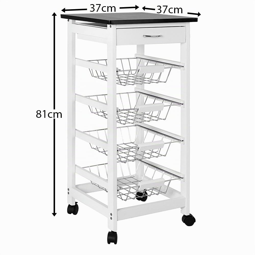 Carrito de cocina Chef Vida de 4 niveles, cestas de almacenamiento, color pino, blanco y negro, 81 x 37 x 37 cm