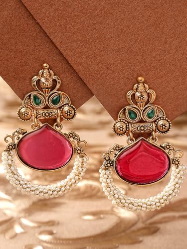 Image of Karatcart Red Stone Studded Gold Plated Drop Earrings for Women