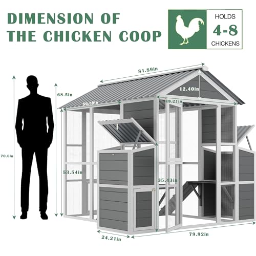 Outdoor Wooden Chicken Coop for 10 Chickens,Large Hen House Poultry Habitat Pet Hutch Run Cage with 2 Chicken Nesting Boxes,Walk in Chicken Coops Run W/Ramp and Run,Waterproof Roof,(80"×82"×69") - Image 4