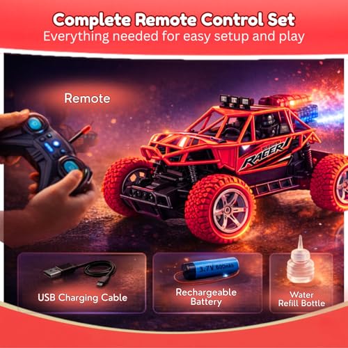 Image of Toy Imagine Remote Control Car for Kids, Rechargeable RC Off Road Buggy with LED Lights & Spray Mist Effect, 40MHz Racing Car Toy for Boys & Girls, Indoor Outdoor Play, Red