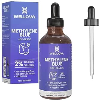 WELLOVA - 2% High Concentrate Methylene Blue 120ml Solution - Ultra High Purity - USP Pharmaceutical Grade - Health Canada Approved - Third Party Test