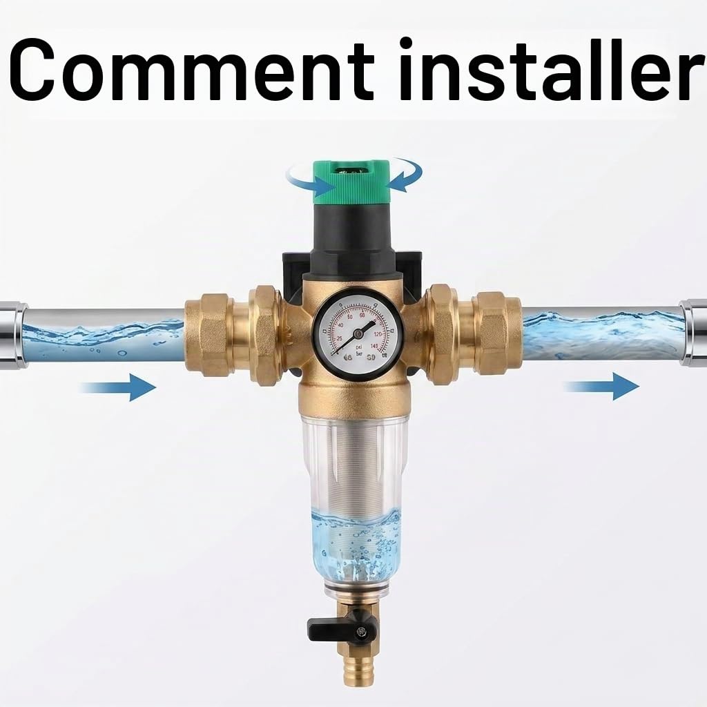 QWORK® Réducteur de Pression Eau 1", Reducteur de Pression avec Manomètre, Réducteur de Pression en Laiton avec Filtre Tamis Autonettoyant