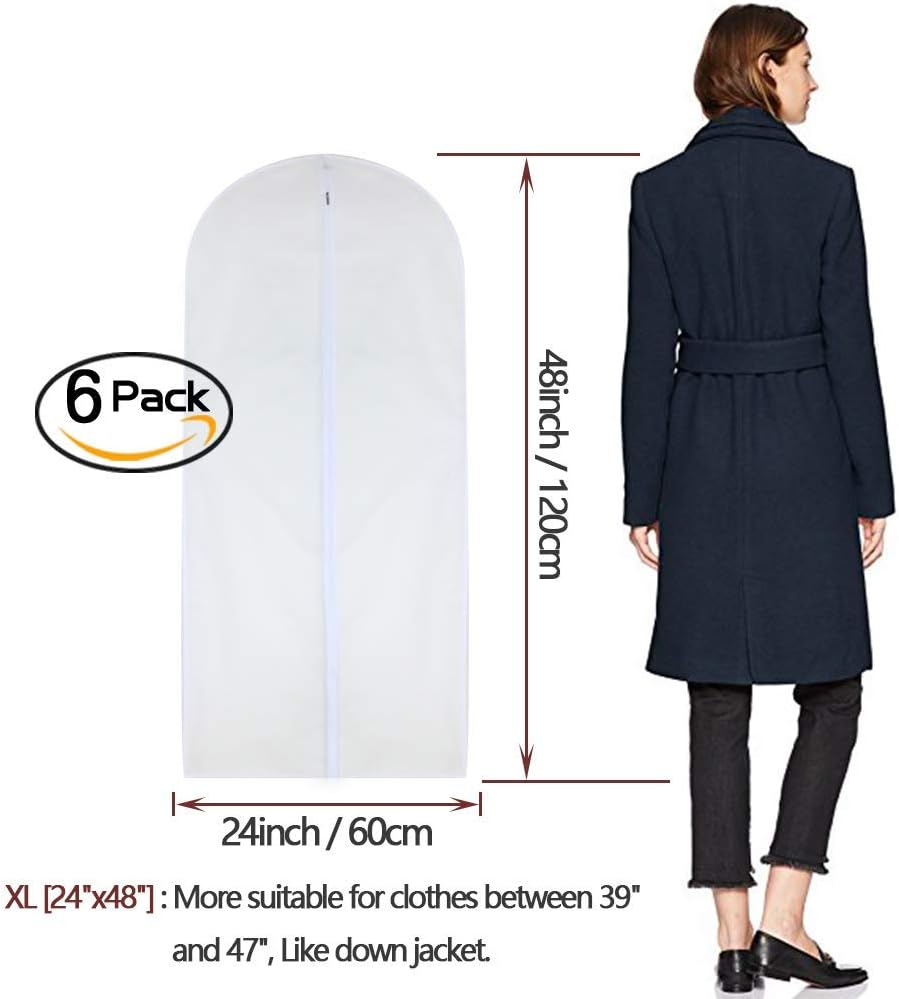 Garment Bags for Hanging Clothes 24'' x 48'' Long Suit Dust Hanging Garment Bag White Breathable Suit Covers for Closet Full Zipper Dust Cover for Dance Dress Clothes Pack of 6 - Image 2