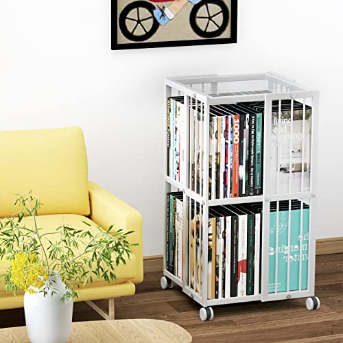 Huhote Rotating Bookcase White 2 Tiers Metal Bookshelf, 360°Cubic Bookshelf For Small Space With Storage And Creative Multi-Layer Shelves,Magazine&Books For Bedroom Living Room Study And Office #TOP1