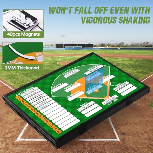 GOFOWRK Magnetic Baseball Lineup Board, Collapsible Professional Baseball Lineup Board for Dugout, Split Baseball Scoreboard with 40 Magnetic Lineup Cards and High-End Markers (Leather Cover)
