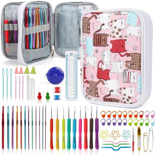 ALMEKAQUZ Crochet Hooks Kit with Case 85 Piece Needles Weave Yarn Kits DIY Hand Knitting Art Tools for Beginners and Experienced Crochet LoversFlower Cat Bag