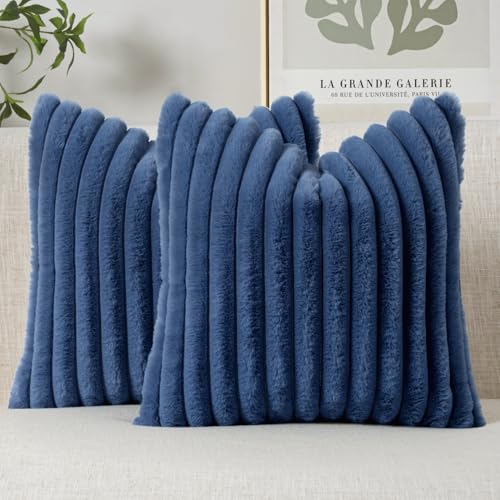 MIULEE Faux Fur Decorative Throw Pillow Covers 18x18 Inch Set of 2, Coastal Modern Art Home Decor Soft Plush Couch Pillows Cozy Fluffy Cushion Covers for Sofa Bed Navy Blue