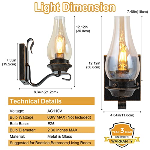 Wall Sconces Sets of 2, Oil Rubbed Bronze Hardwired Wall Sconce Indoor, Retro Rustic Wall Lamps with Amber Glass,Vintage Bedside Sconces Wall Lighting for Living Room Bathroom - Image 4