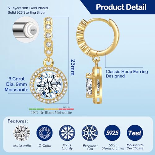 Moissanite Hoop Earrings for Women，2-6CT Halo Round 18K White Gold Plated 925 silver D Color Drop Earrings, Certificate Jewelry for Her Birthday Wedding3