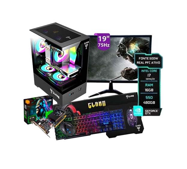 PC Gamer Megalon Completo Intel core i7 3.4 GHz 16 GB RAM SSD 480 GB Fonte 500 W Monitor 19″ HDMI Placa de video GT730 4gb
