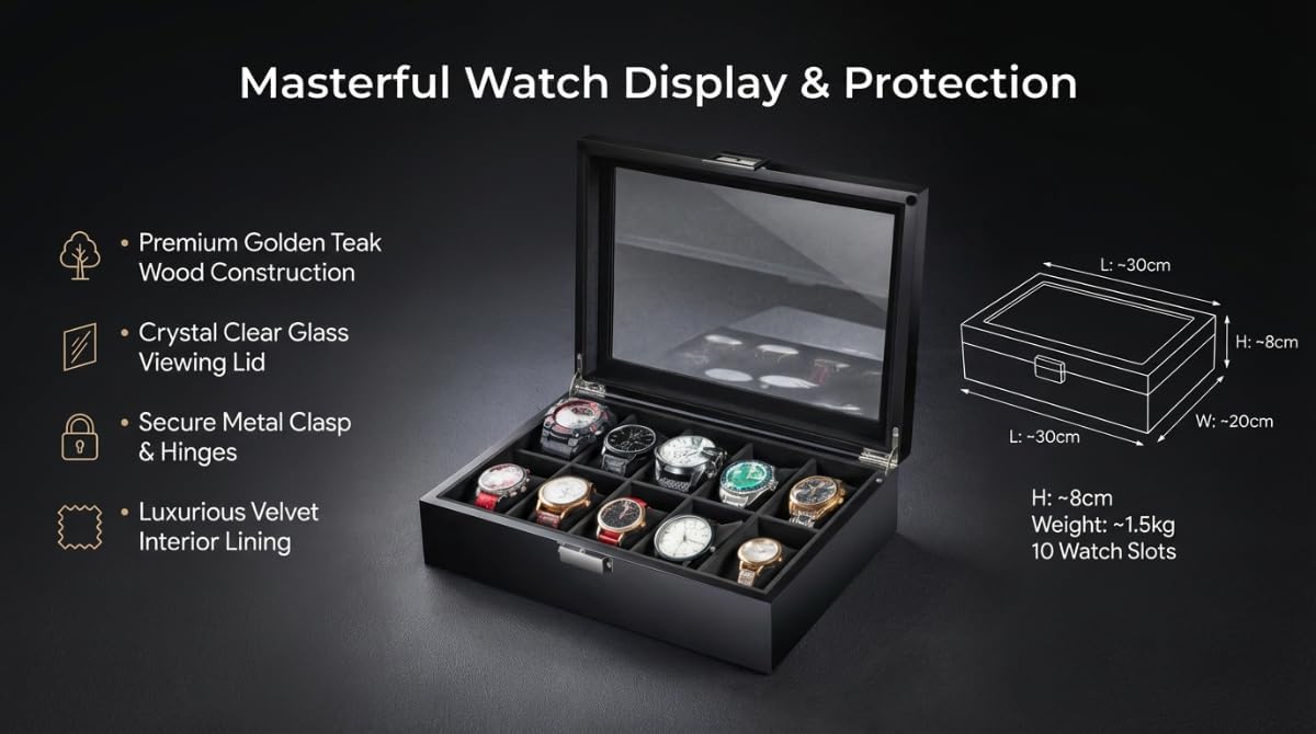 10-Slot Solid Wood Watch Box with Glass Top & Lock - Vintage Display Case Organizer for Men and Women, Scratch-Free Velvet Lined Jewelry Storage, Gift for Watch Collectors Black