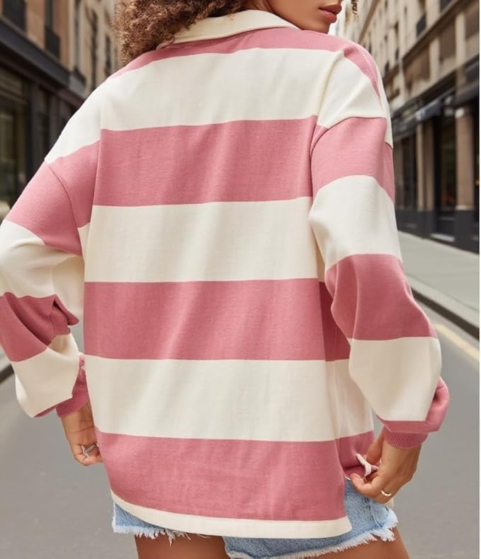 Striped Polo Tops Women Long Sleeve Oversized Graphic Shirt Y2k Loose Rugby Collared Jersey Preppy Pullover Tee - Image 4