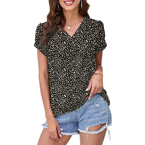 KBUY Damen Tshirt Kurzarm Casual Tee V-Ausschnitt Sommer Basic T-Shirt Allover Aufdruck Petal Sleeve Classic Tops Oberteil Shirt Bluse Tunika Basis-Shirt Tee Lässige Tops mit Allover-Minimal Print Cover