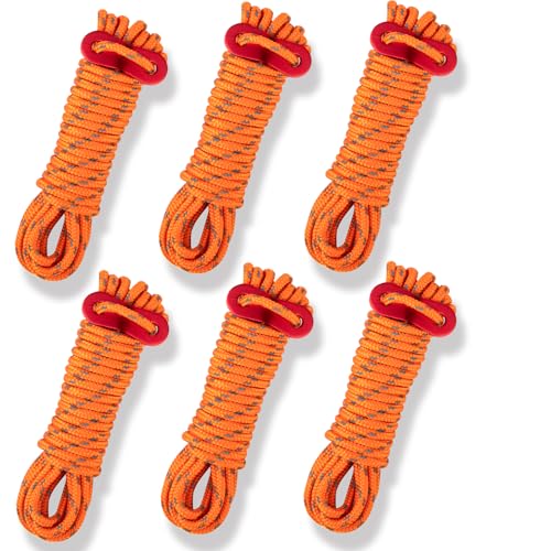JTENG Reflektierend Abspannseile Seil mit Seilspanner, 13ft/4 Meters Zeltschnur mit Aluminiumlegierung Spanner, Φ 4mm Nylonschnur Leuchtend Guy Zeltleine für Sonnensegel (6 Stück Orange Seil)