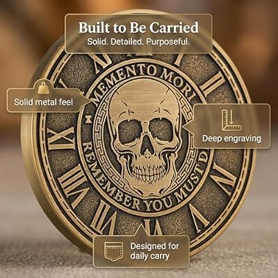 Memento Mori Coin Medallion Stoicism Gift Amor Fati Metal Gold Color Token EDC Challenge Stoic Reminder Pendant Momento Mori Gift for Daily Stoic Practice Memento Vivere Skull
