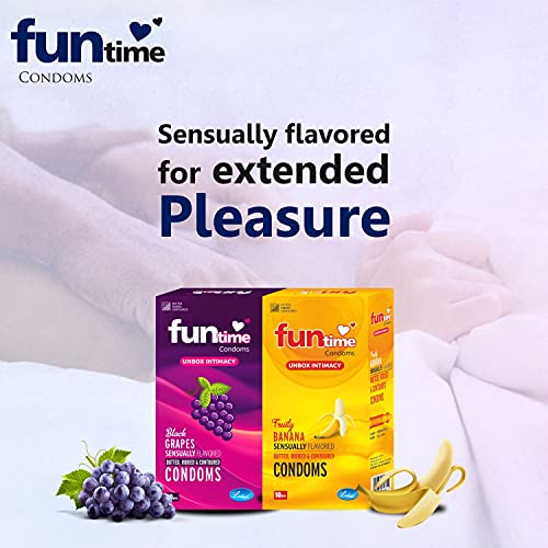 Image of Funtime Flavoured Dotted Ribbed And Contoured Long Lasting Condoms for Men Count 10 - Combo (Pack of 2 Black Grapes, Pack of 2 Fruity Banana) Total 40 pcs