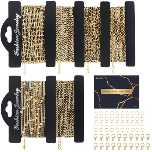 Ecoofor 14k Gold Necklace Chains for Jewelry Making Total 20 Feet 6 Rolls Bracelet Chains for DIY 3.3 Feet Each Style 14K Gold Plated Chain with Jump Rings/Lobster Clasps/Connectors