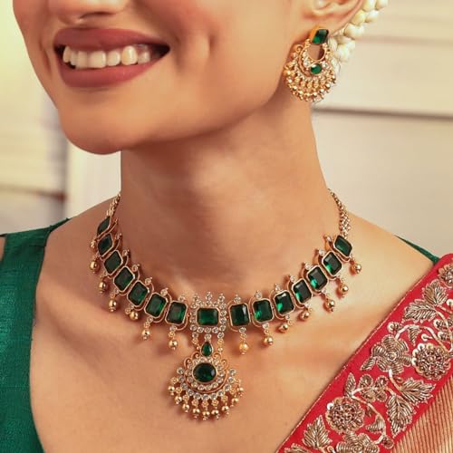 TARINIKA Green and White Cubic Zirconia(CZ) Indian Necklace Set with Earrings, Gold Plated Brass Fashion Indian Jewelry Gift for Women Bollywood Costume Jewellery2