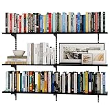 Wallniture Turin 48'x8' Floating Wall Bookshelves for Wall Storage with Adjustable Standard Rail Bracket System, Black, Wood