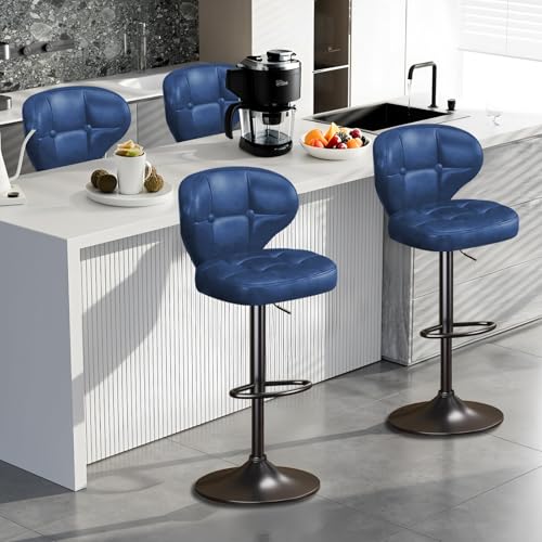 Image of Bar Stools Set of 4, Adjustable Swivel Bar Chairs with Backrest and Footrest, Modern PU Leather Upholstered Counter Height Stools for Kitchen Island, Bar, Dining Room Blue