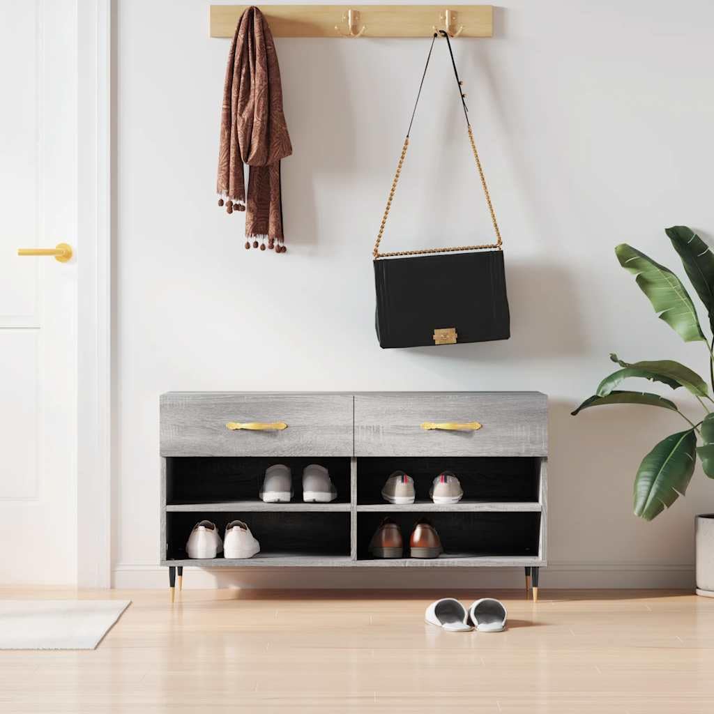 Banc à chaussures gris Sonoma en bois avec 2 tiroirs et pieds en fer, meuble compact de couloir