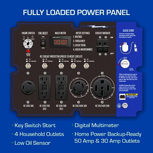 Image of DuroMax XP15000EH Dual Fuel Portable Generator-15000 Watt Gas or Propane Powered Electric Start-Home Back Up & RV Ready, 50 State Approved, Blue and Black