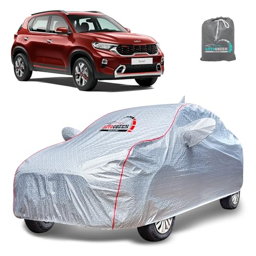 Image of Waterproof Car Body Cover Compatible with Kia Sonet Mirror and Antenna Pocket, All Weather Protection Cover (Silver Color with Red Piping Style)