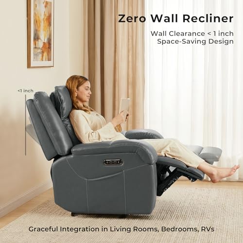 Image of SITJOY Pet Friendly Leather Power Recliner Chair, Zero Wall Hugger RV Recliners with Power Headrest, Charging Ports, Side Pockets, Down-Filled, Scratch Resistant Waterproof Faux Leather in Gray