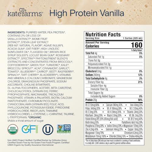 Image of KATE FARMS Organic High Protein Vanilla Nutrition Shake, 25g Protein, 6g Fiber, 27 Vitamins and Minerals, 0g Sugar, Protein Drink, 11 oz Bottle