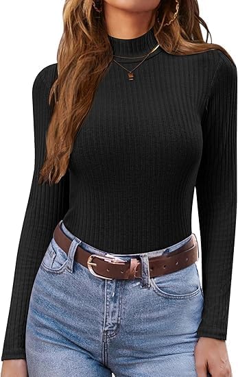 ELESOL Women's Mock Turtleneck Long Sleeve Shirts Ribbed Knit Lightweight Pullover Sweater Stretch Fitted Thermal Top