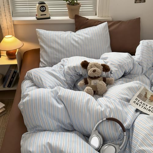 Image of VM VOUGEMARKET Light Blue & Coffee Striped Duvet Cover Set Twin XL,Soft Washed Microfiber Striped Bedding Set,Fresh Casual Neutral Aesthetic Comforter Cover for Girls Boys-68 inchx90 inch