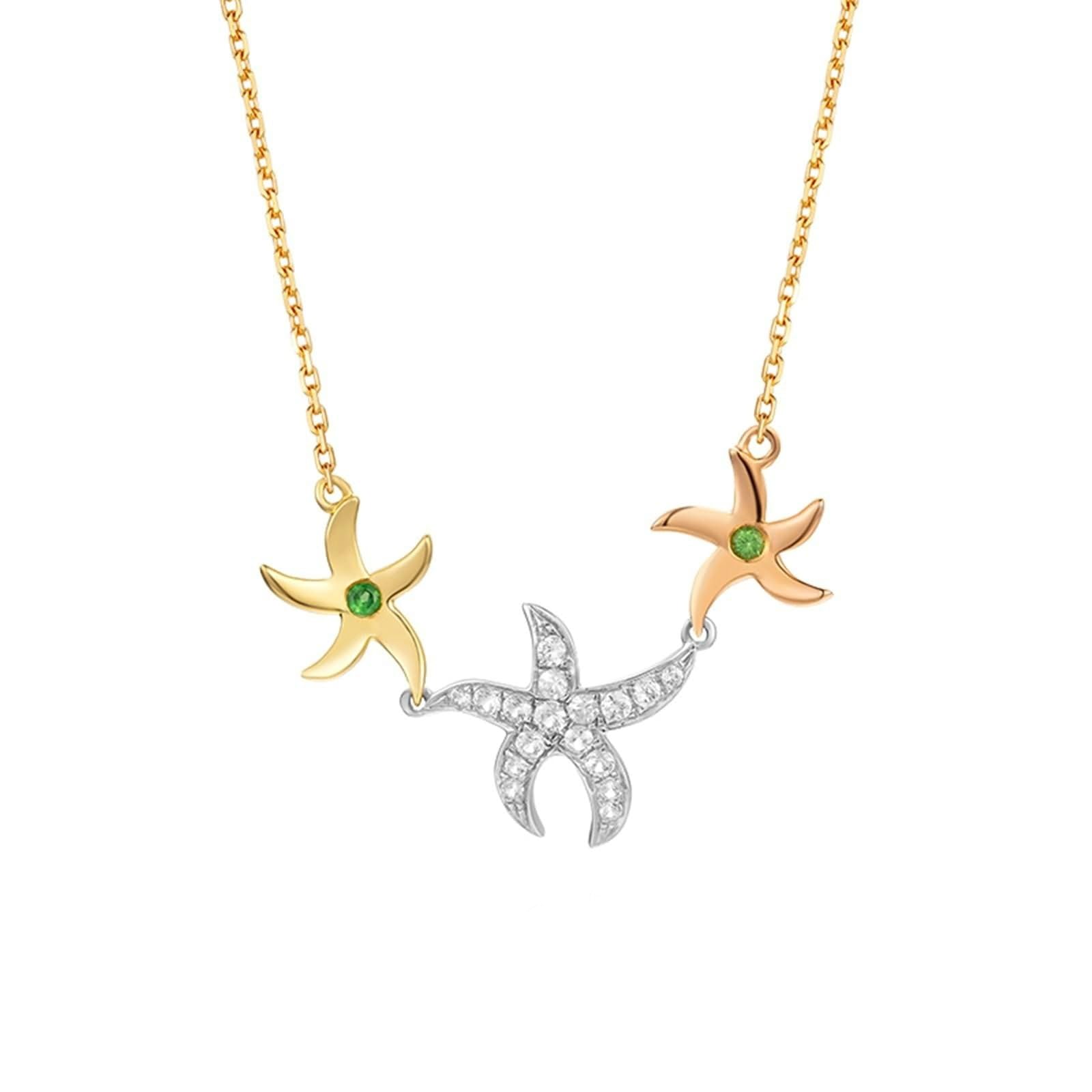 Collar de novia de oro amarillo, collar de estrella de mar de oro de 18 quilates con diamantes y tsavorita de 0,22 quilates para mujer