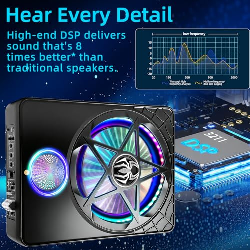 Image of 3000W Under Seat Subwoofer with Amp 10 inch Slim Powered Car Audio | 3-Way Full Range Sound with RGB Beat Sync LED, Bass Boost, Low Pass Filter, Plug & Play Design for Trucks SUVs and Cars