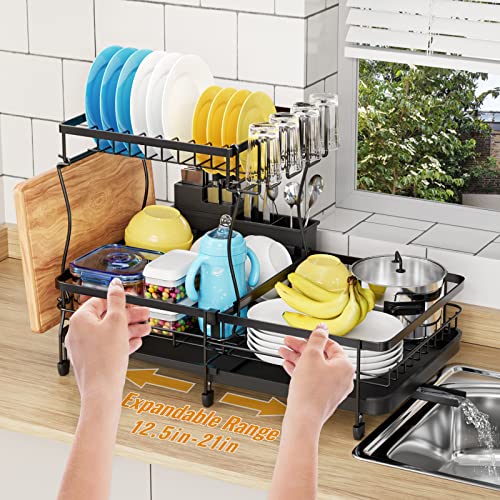 Yklslh Expandable Dish Drying Rack , 2 Tier Large Drying Rack For Kitchen Counter With Drainboard, Glass Holder, Utensil Holder-Dish Drainers (Black) #TOP4