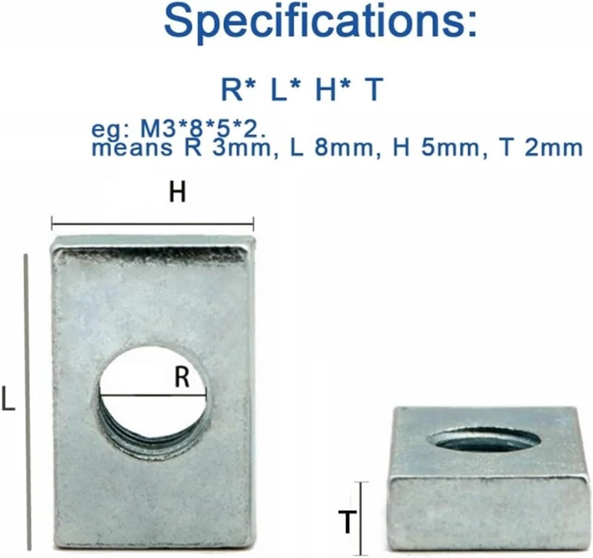 Square Nuts, 10/ 50pcs M3-M8 Zinc-Plated Carbon Steel Thin Rectangular Nuts Slider Block(10pcs,M4-10x7x2.5mm)