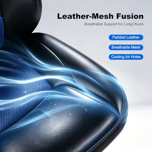 Image of Office Gaming Chair Blue, PU & Mesh Design Computer Chair with Metal Base