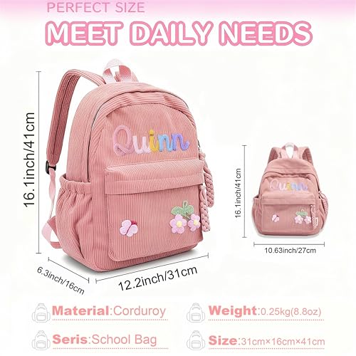 Personalized Corduroy Kids Backpack, Custom Name School Bag with Decorative Stitching, Toddler BackPack, Back to School Gift (Pink)4