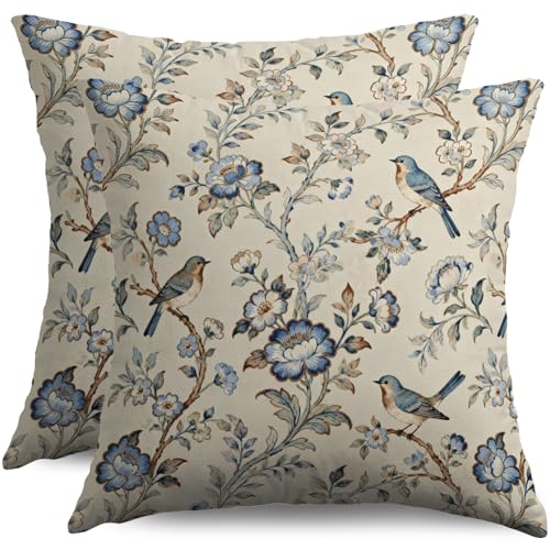 Sivirary housse coussin oiseau Chinoiserie 16x16 ensemble 2, bleu brun