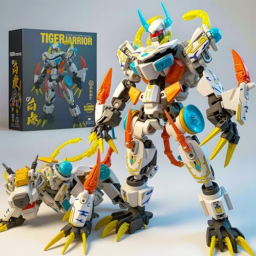 kececo Mech Building Blocks Action Figure Toys, 2in1 White Tiger Transforming Robot Building Set, Converts to Tiger Model, for Adults Kids Boys Ages 8+,455 Pieces