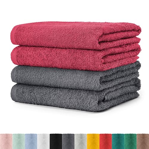 BaSaTex - Handtuch Set für Haushalt & Gäste 4er Pack - Frottee-Handtücher mit Aufhängeschlaufe aus weicher Baumwolle in 50x100cm - Waschtücher Bad Öko-Tex Standard 100 Zertifiziert - Anthrazit Rubin