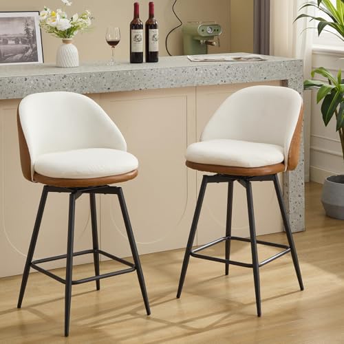 Garvee 26” Bar Stools Set of 2, Swivel Barstools with PU Leather + Linen Fabric, Counter Height Metal Legs Barstool for for Bar, Kitchen Island, Dining Room, Armless, Easy to Assembly