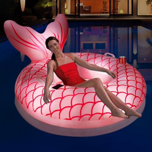 DeeprBetter Flotadores Piscina Adultos, Sirena Colchoneta Hinchable Piscina con Luz LED por Energía Solar, Flotador Hinchable Adulto con portavaso & Asas, Flotador Inflable Gigante para Piscina