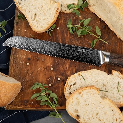 Image of Yatoshi Knives Magnetic Kitchen Knife Block Set - Japanese 67 Layer High-Grade VG-10 Steel Knives, Sharp, G10 Handle Professional Kitchen Knife Set - Damascus (6 pieces), Brown Pakkawood Handles